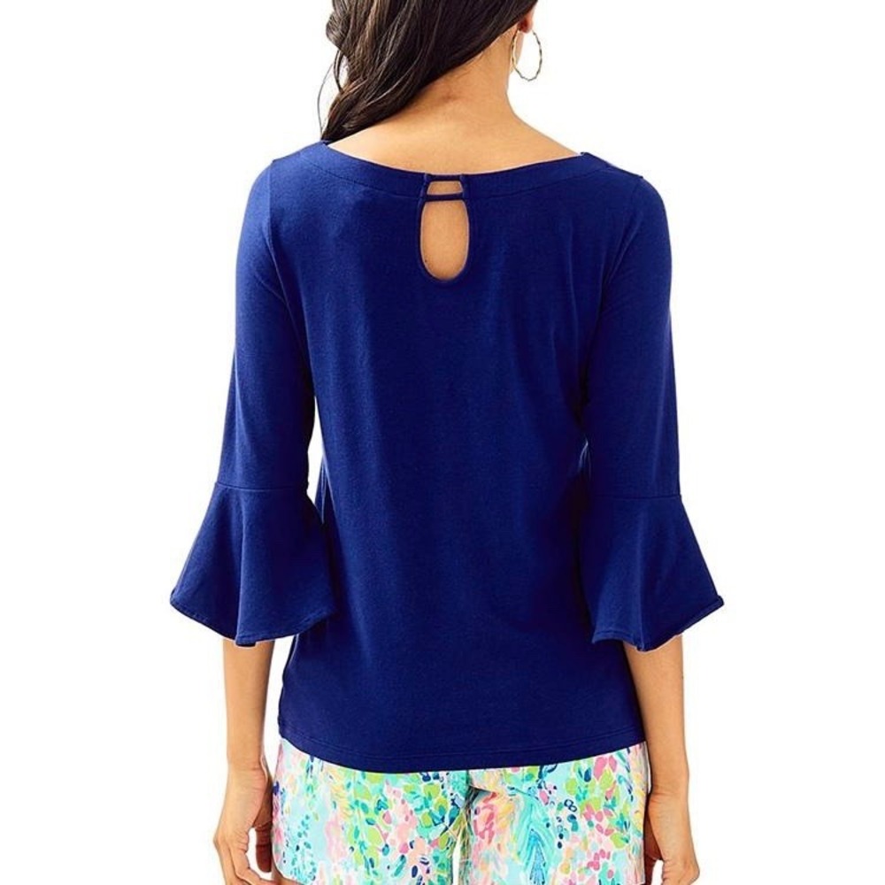 Lilly Pulitzer Navy Blue Bell Sleeve Fontaine Top Size Medium - Picture 6 of 8
